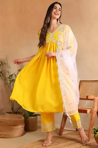 Yellow solid silk blend embroidered fancy anarkali trousers with dupatta