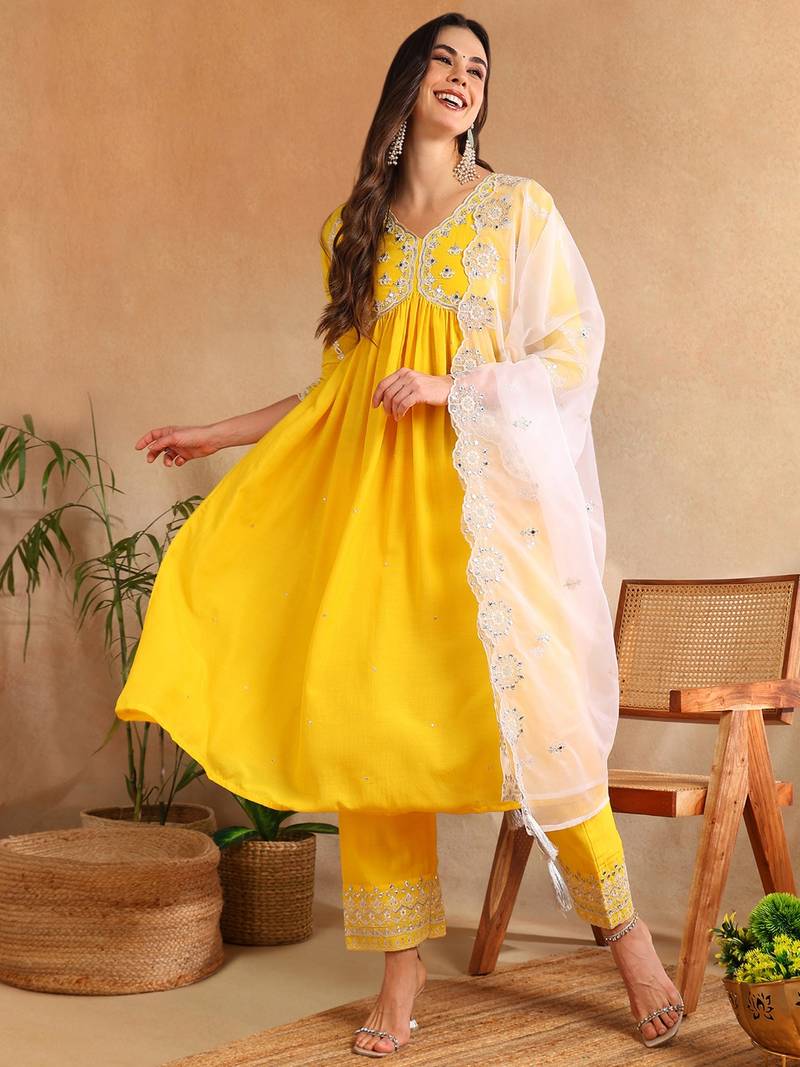 Yellow solid silk blend embroidered fancy anarkali trousers with dupatta