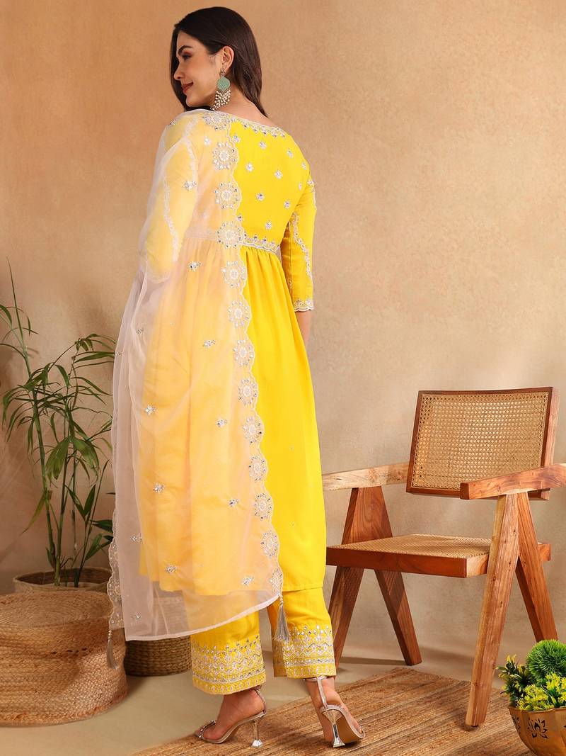 Yellow solid silk blend embroidered fancy anarkali trousers with dupatta