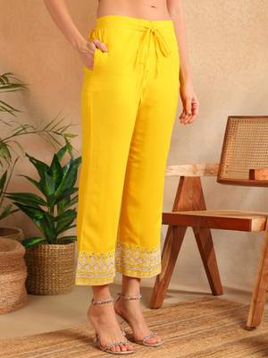 Yellow solid silk blend embroidered fancy anarkali trousers with dupatta 5
