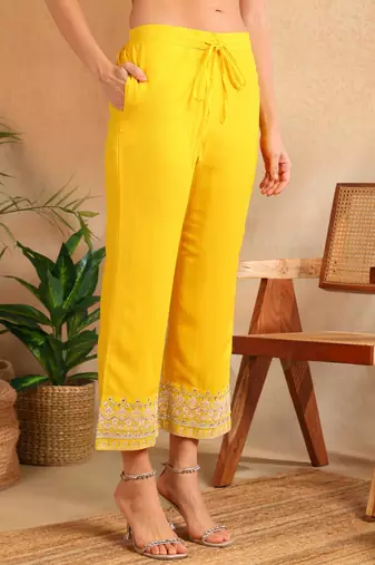 Yellow solid silk blend embroidered fancy anarkali trousers with dupatta