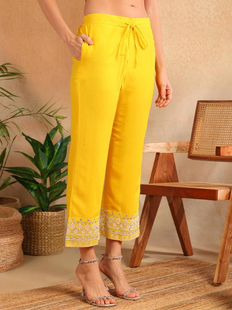 Yellow solid silk blend embroidered fancy anarkali trousers with dupatta