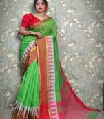 Beautiful Soft Green Silk Cream Handloom Saree With Blouse Piece