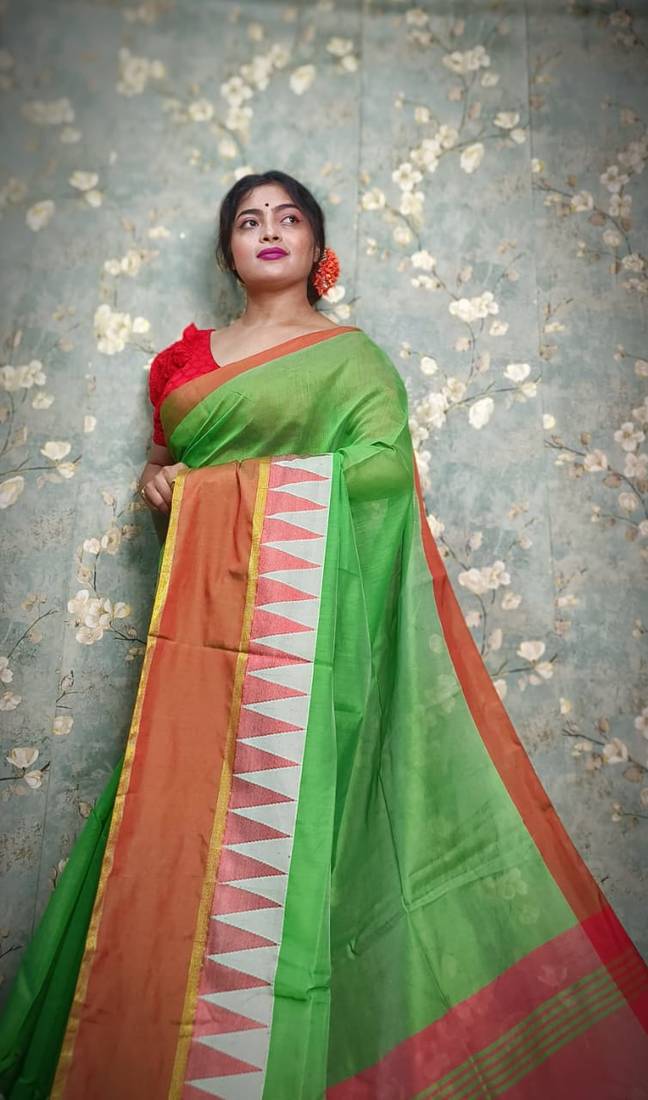 Beautiful Soft Green Silk Cream Handloom Saree With Blouse Piece