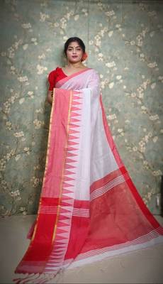 Beautiful White Soft Cotton Silk Handloom Saree With Blouse Piece 2