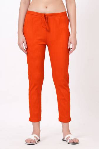 Satrangi women's viscose ribbed lycra rust orange solid slim fit pant