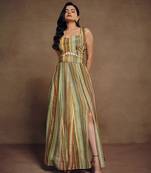 Striped sleeveless maxi dress with seashell belt detail