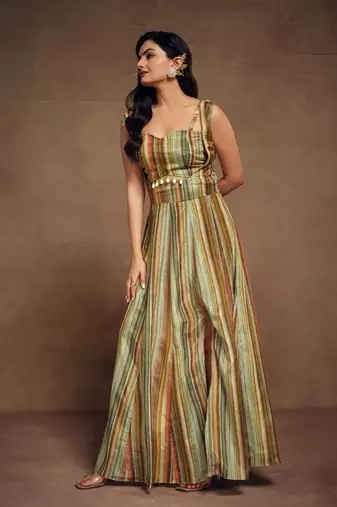Striped sleeveless maxi dress with seashell belt detail