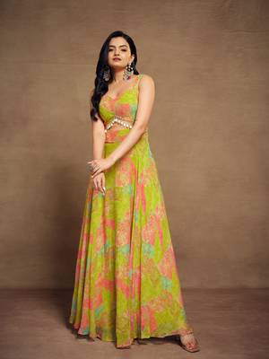 Lemon-lime abstract print gown 1