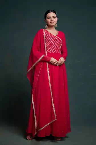 Red gota patti embellished gown with dupatta