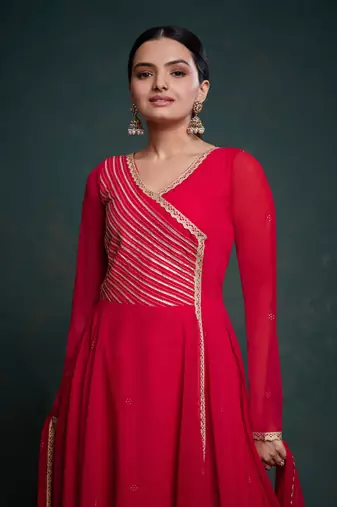 Red gota patti embellished gown with dupatta