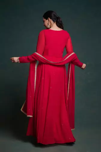 Red gota patti embellished gown with dupatta