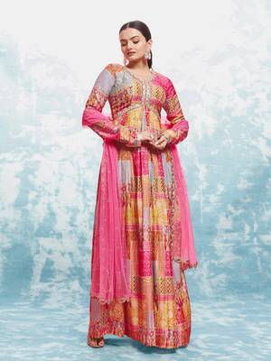 Elegant coral print gown with dupatta 1