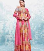 Elegant coral print gown with dupatta