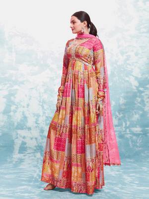 Elegant coral print gown with dupatta 2