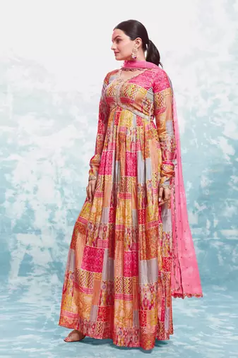 Elegant coral print gown with dupatta