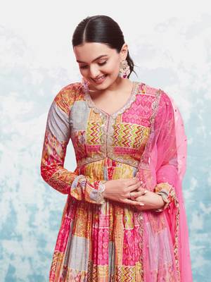 Elegant coral print gown with dupatta 3