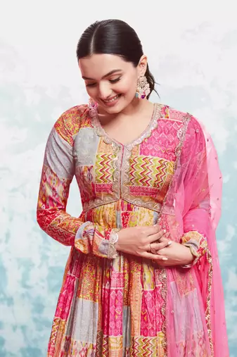 Elegant coral print gown with dupatta