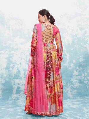 Elegant coral print gown with dupatta 4
