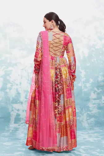 Elegant coral print gown with dupatta