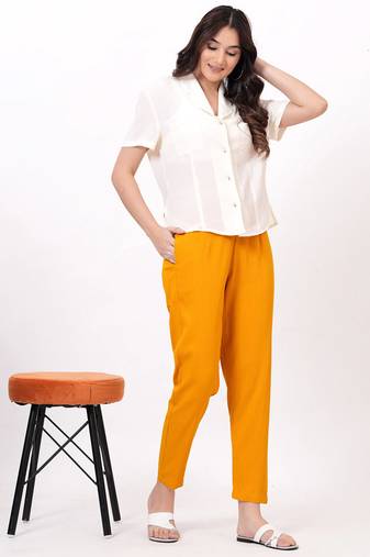 Satrangi women's viscose lycra mustard solid slim fit pant