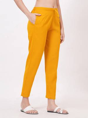 Satrangi women's viscose lycra mustard solid slim fit pant 3