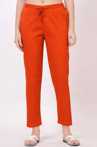Satrangi women's viscose lycra rust solid slim fit pant