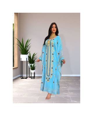 Sky-Blue Kaftan Handcrafted Georgette Embroidered Work Party Wear Fully Stitched Dresses 0226 1