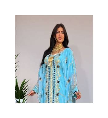 Sky-Blue Kaftan Handcrafted Georgette Embroidered Work Party Wear Fully Stitched Dresses 0226 2