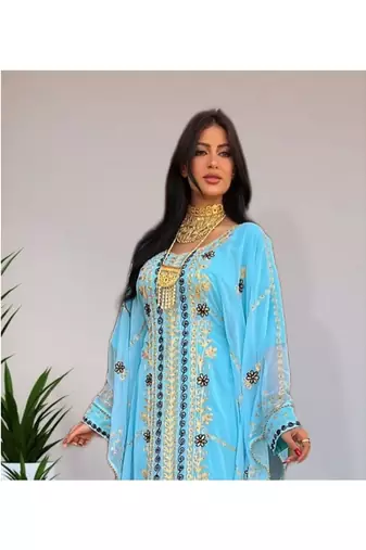 Sky-Blue Kaftan Handcrafted Georgette Embroidered Work Party Wear Fully Stitched Dresses 0226