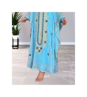 Sky-Blue Kaftan Handcrafted Georgette Embroidered Work Party Wear Fully Stitched Dresses 0226 3