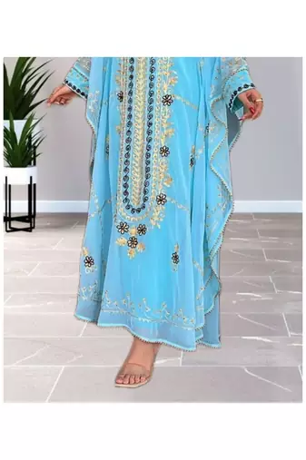 Sky-Blue Kaftan Handcrafted Georgette Embroidered Work Party Wear Fully Stitched Dresses 0226