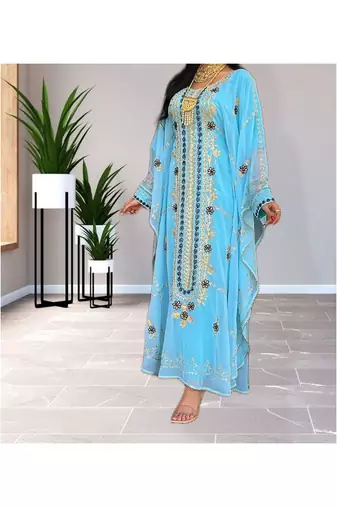 Sky-Blue Kaftan Handcrafted Georgette Embroidered Work Party Wear Fully Stitched Dresses 0226