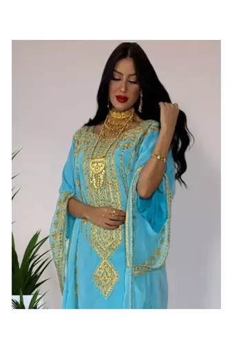 Sky-Blue Kaftan Handcrafted Georgette Embroidered Work Party Wear Fully Stitched Dresses 0227