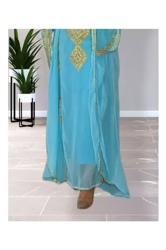 Sky-Blue Kaftan Handcrafted Georgette Embroidered Work Party Wear Fully Stitched Dresses 0227
