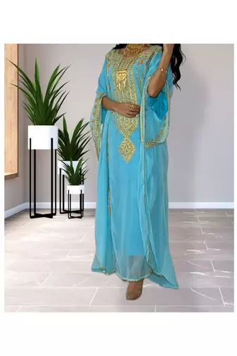 Sky-Blue Kaftan Handcrafted Georgette Embroidered Work Party Wear Fully Stitched Dresses 0227