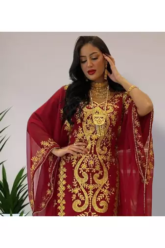 Grand Maroon & White Layered Moroccan Kaftan Gown | Bridal & Event Dress