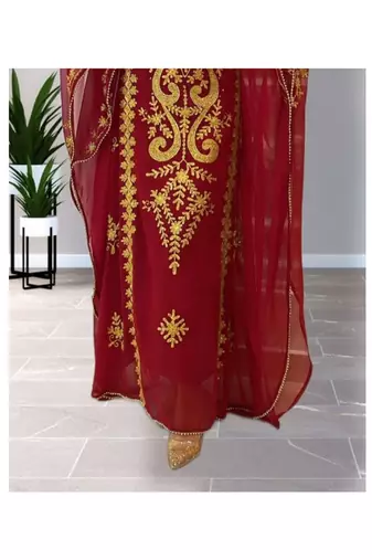Grand Maroon & White Layered Moroccan Kaftan Gown | Bridal & Event Dress
