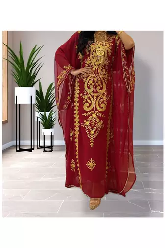 Grand Maroon & White Layered Moroccan Kaftan Gown | Bridal & Event Dress