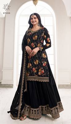 TRENDY DESIGNER FANCY DIGITAL CHINON SILK BLACK SHARARA SALWAR SUIT SEMI STITCHED EMBROIDERY WORK 1