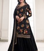 TRENDY DESIGNER FANCY DIGITAL CHINON SILK BLACK SHARARA SALWAR SUIT SEMI STITCHED EMBROIDERY WORK