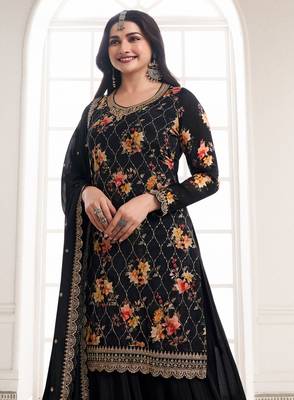 TRENDY DESIGNER FANCY DIGITAL CHINON SILK BLACK SHARARA SALWAR SUIT SEMI STITCHED EMBROIDERY WORK 2