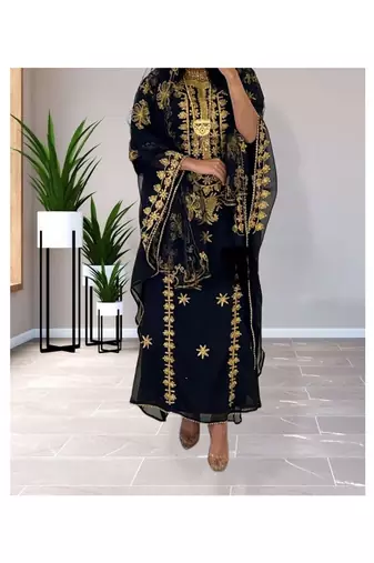 Black Kaftan Handcrafted Georgette Embroidered Work Party Wear Fully Stitched Dresses 0231