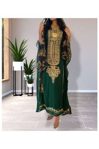 Green Kaftan Handcrafted Georgette Elegant Embroidered Work Party Wear Fully Stitched Dresses 0232