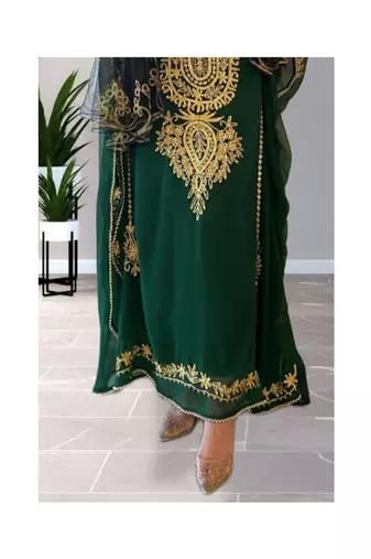 Green Kaftan Handcrafted Georgette Embroidered Work Party Wear Fully Stitched Dresses 0232