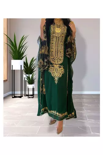 Green Kaftan Handcrafted Georgette Embroidered Work Party Wear Fully Stitched Dresses 0232