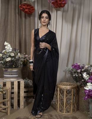 Designer Black Georgette Saree With Black Sequin Blouse Fabric 1