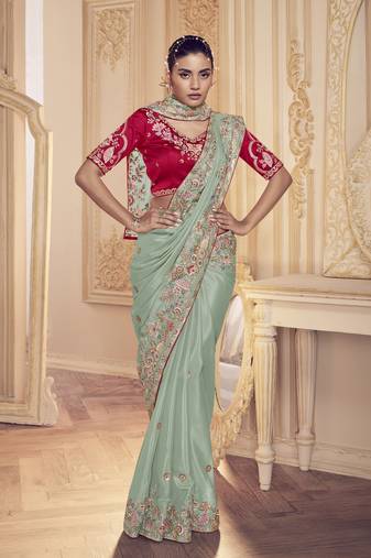 Designer Sea Green Ice Georgette Cherry Embroidery And Cording