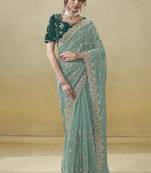 Designer Sea Green Organza Rama Green wedding saree with blouse