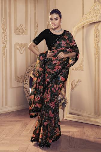 Designer Black Jimmy Choo Printed Saree with blouse fabric